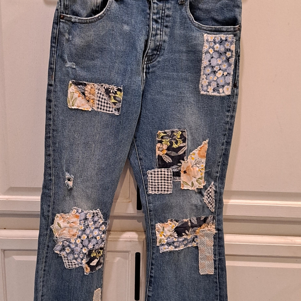 Warp + Weft Blue Patchwork Flare Jeans - image 3